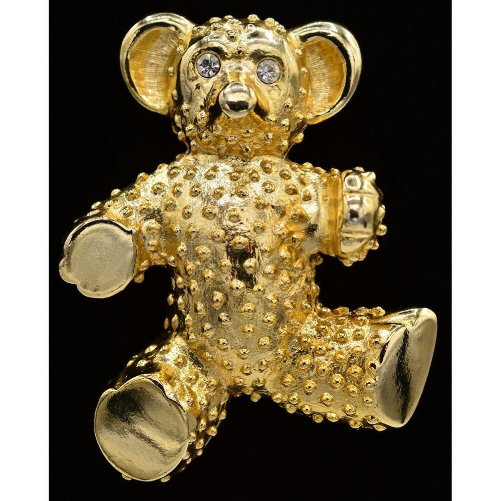 Vintage Teddy Bear Brooch Pin Brushed Gold Rhinestone Crystal Chunky 1980s Bin4